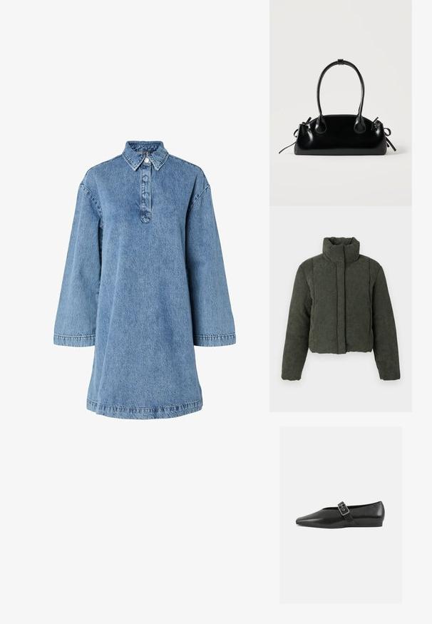 Veste en velours côtelé vert foncé rembourrée, avec col haut et manches longues, fermeture éclair devant dissimulée par un rabat en tissu.; Robe en denim bleu clair avec un col pointu, des manches longues et une patte de boutonnage. Elle présente une coupe décontractée et un tissu texturé.; Chaussure plate en cuir noir avec un orteil pointu, présentant une sangle à boucle métallique sur le cou-de-pied et une semelle basse et flexible.; Petit sac à main noir brillant avec deux longues anses et des détails à cordon sur les côtés sur un fond clair uni.