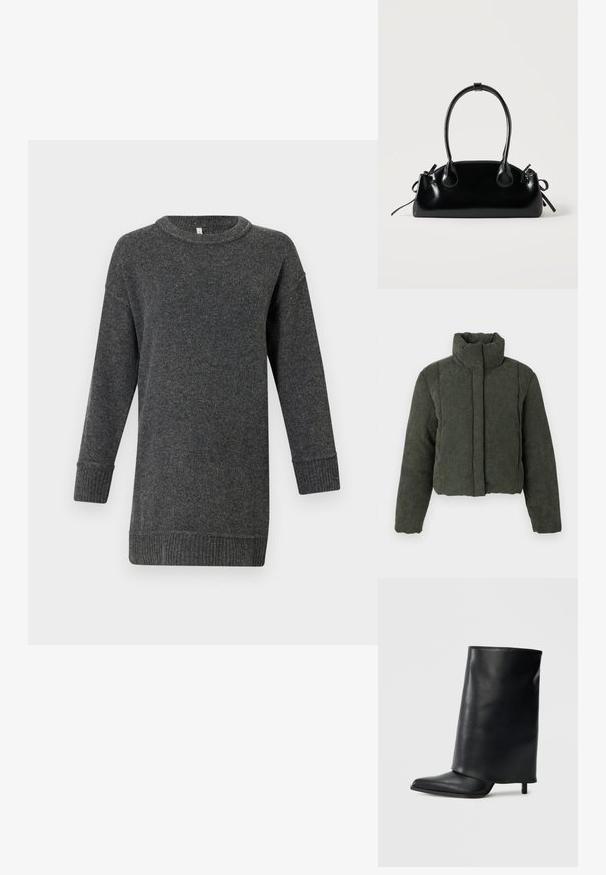 Veste en velours côtelé vert foncé rembourrée, avec col haut et manches longues, fermeture éclair devant dissimulée par un rabat en tissu.; Pull en laine à manches longues gris foncé, avec des poignets et un ourlet côtelés, un col rond et une coupe décontractée.; Bottine en cuir noir avec un design structuré à rabat, bout pointu et talon fin. Texture lisse avec un minimum de détails.; Petit sac à main noir brillant avec deux longues anses et des détails à cordon sur les côtés sur un fond clair uni.