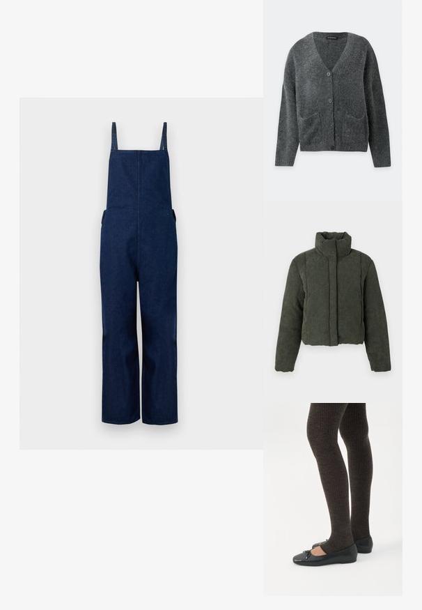 Donkergroene gewatteerde corduroyjas met hoge kraag en lange mouwen, vooraan met een ritsluiting verborgen achter een stoffen klep.; Marine denim dungarees met wijd uitlopende benen, verstelbare banden en zijzakken, met een strakke, minimalistische uitstraling en een zachte textuur.; Donkergrijze pluizige cardigan met lange mouwen, V-hals, knopen aan de voorkant en twee voorzakken, getoond op een eenvoudige lichte achtergrond.; Benen met donkere geribbelde leggings gecombineerd met zwarte ballerina's met kleine strikdetails op een witte achtergrond.