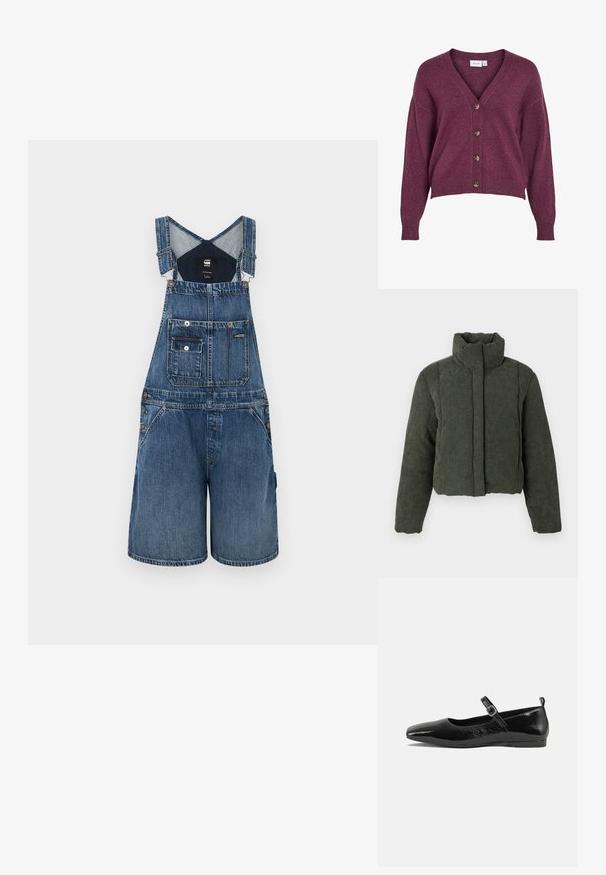 Tume roheline polsterdatud kammkootud jakk kõrge kraega ja pikkade varrukatega, ees lukk, mille katab kangaga klapp.; Sinised denim üleüldised, laia jala, reguleeritavate rihmade, esi-tasku, metallist riistade ja tekstuuriga viimistlusega.; Burgundy värvi lühike kardigan V-kaelusega, viie pruunist nööbiga ja pikkade varrukatega, millel on soonikuga mansetid ja helkur pehme kudumaterjalist.; Mustmust musta nahk king, millel on terav nina, pahkluu rihm koos pandlaga ja sile, läikiv tekstuur. Madal konts mugavuse tagamiseks.
