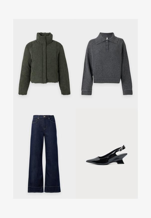 Chaqueta de corduroy acolchada en verde oscuro con cuello alto y mangas largas, cierre frontal con cremallera oculto por una solapa de tela.; Suéter de punto gris oscuro con cuello tipo polo, tres botones y puños y dobladillo acanalados. Presenta un silueta corta y una textura suave.; Jeans rectos de mezclilla color azul oscuro. Presentan un cierre de botón, detalles de costura y bolsillos laterales. Dobladillo acampanado.; Zapato slingback de cuero charol negro con puntera puntiaguda y tacón bajo en bloque inclinado sobre fondo claro liso.
