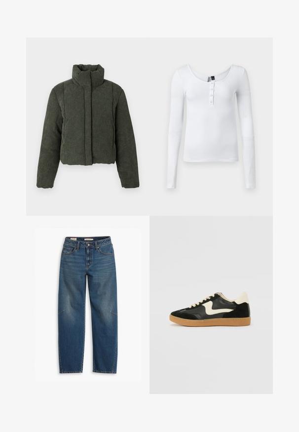 Veste en velours côtelé vert foncé rembourrée, avec col haut et manches longues, fermeture éclair devant dissimulée par un rabat en tissu.; Haut à manches longues blanc en côtes avec un décolleté en forme de scoop et quatre boutons sur le devant. Le tissu a une texture lisse et un design ajusté.; Jeans en denim bleu avec une coupe décontractée, featuring une taille haute, des jambes droites, des coutures visibles et un petit accent sur le genou gauche.; Baskets en daim et cuir noir avec un swoosh latéral crème et un talon crème clair. Dotées de lacets beige et d'une semelle en caoutchouc gomme.