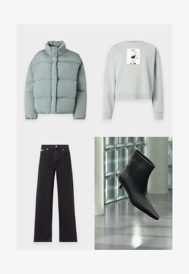 Lys grøn dunjakke med stående krave, trykknaplukninger og horisontalt quiltet tekstur. Blødt stof, lidt oversized pasform.; Grå cropped sweatshirt lavet af blødt stof, med et frontfotografisk tryk centreret på brystet. Ribstrikkede manchetter og halsudskæring.; Sorte vidde jeans lavet af denim, med høj talje, fem-lomme stil og en metalknap lukning med kontrasterende syninger.; Sort læderankelstøvle med spids tå og lav kitten-hæ, vist vinklet mod en poleret gulv- og glasblokvæg.