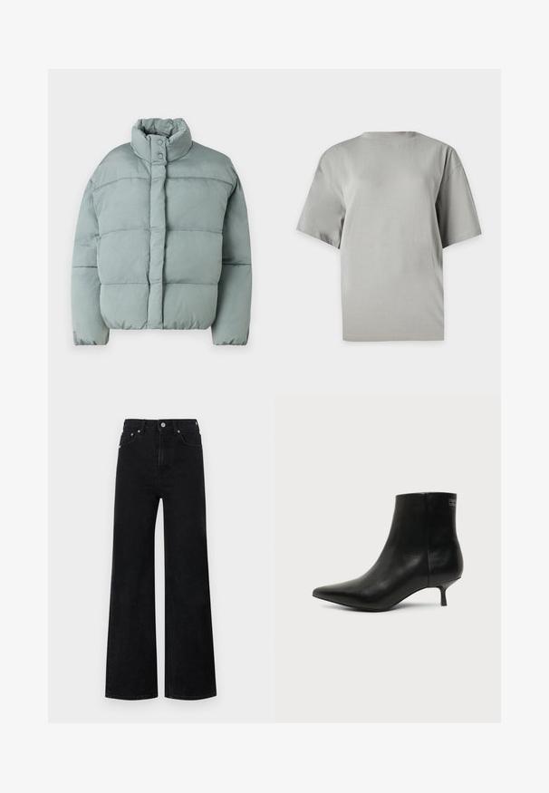Lys grøn dunjakke med stående krave, trykknaplukninger og horisontalt quiltet tekstur. Blødt stof, lidt oversized pasform.; Grå oversized t-shirt lavet af blød bomuld. Har en rund halsudskæring og korte ærmer, med en glat tekstur og uden mønstre.; Red Bull Racing x Pepe Jeans STRAIGHT FIT - Wide leg - blue denim; Sort læder ankelstøvle med spids tå og lav kitten hæl på lys baggrund, der viser yderside.