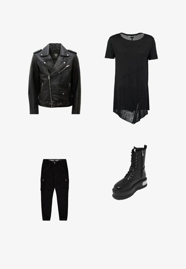 Veste de motard en cuir noir avec fermeture éclair diagonale à l'avant, poches zippées et à boutons-pression, épaulettes et ceinture ajustable à la taille.; T-shirt noir à manches courtes avec un col rond, ourlet asymétrique, texture transparente et un détail de zipper sur le côté. Tissu doux et léger.; Pantalons cargo noirs en coton, dotés de plusieurs poches, d'une coupe ajustée et d'un revers élastique aux chevilles.; Bottes de combat en cuir synthétique noir avec une plateforme épaisse, présentant un laçage à l'avant, une fermeture éclair et un accent métallique sur le talon.