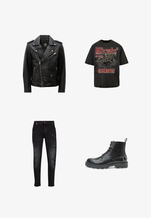 Veste de motard en cuir noir avec fermeture éclair diagonale à l'avant, poches zippées et à boutons-pression, épaulettes et ceinture ajustable à la taille.; T-shirt graphique noir avec un cow-boy à cheval, avec "MJ Gonzales™ LE COW-BOY ORIGINAL" en lettres rouges en gras. Tissu en coton doux.; Jean en denim noir avec des patchs déchirés, des accents de splatter de peinture blanche, une fermeture éclair et une coupe slim.; Botte de combat en cuir noir avec lacets, œillets en métal, semelle robuste, languette au talon et une sangle décorative à boucle sur le côté.