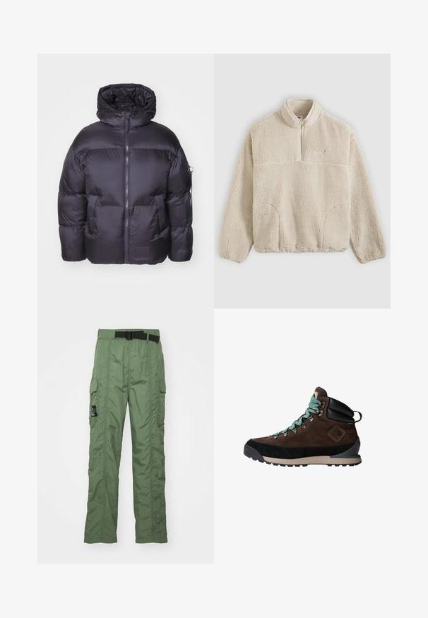 Alpha Industries Veste d'hiver - vintage grey; Pull beige en polaire avec col à fermeture éclair, surface texturée, poches avant et une couture horizontale sur la poitrine.; Pantalons cargo en vert olive, fabriqués en tissu léger. Présentent une ceinture noire, des poches cargo sur les côtés et des détails de couture.; Botte de randonnée brune avec une tige en daim, accents noirs et lacets turquoise. Dotée d'une semelle robuste et d'un soutien de cheville renforcé.