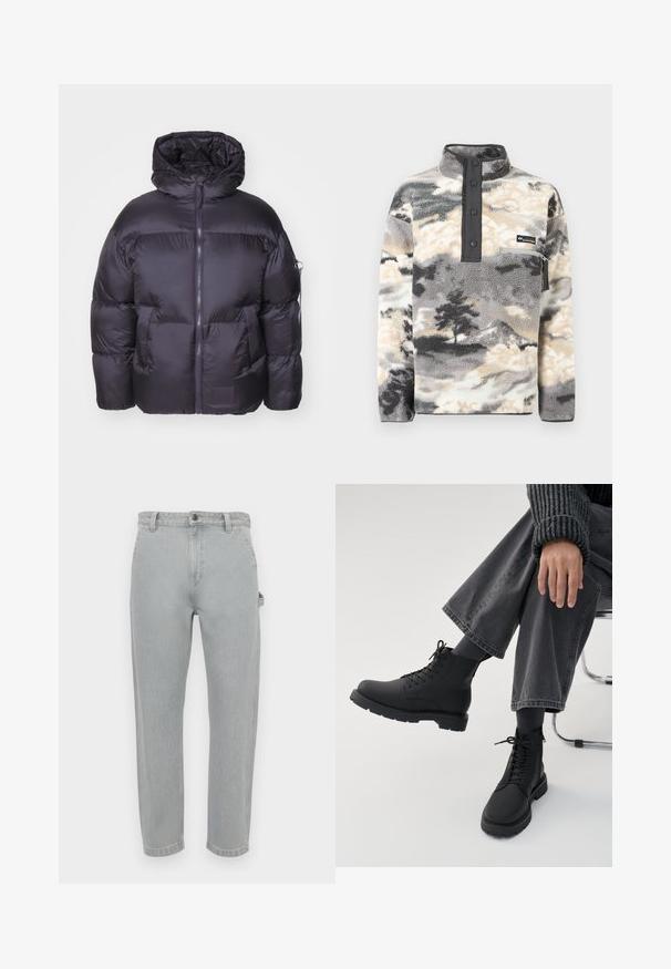 Alpha Industries Vinterjakker - vintage grey; Fleece-trøje med trykknaplukning, brystlomme med lynlås og gråt, sort og cremefarvet mønster af skyer og træer.; Lysegrå denimjeans med lige pasform. Har en klassisk linning, fem lommer og diskret falmning for struktur.; Person sidder med krydsede ben iført sorte snørebåndsstøvler, mørke sokker, grå vidde bukser og en rippet mørk sweater på hvid baggrund.