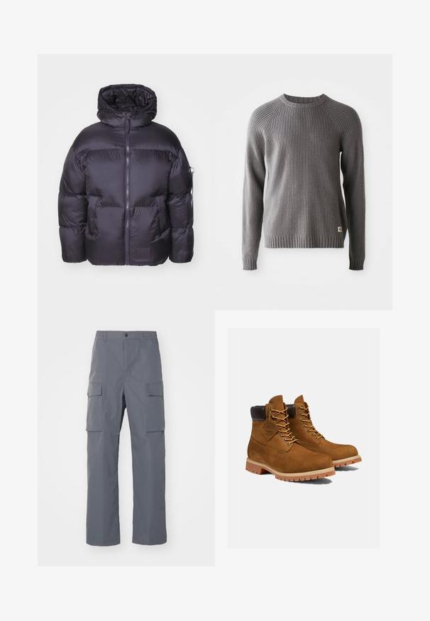 Alpha Industries Veste d'hiver - vintage grey; Pull en tricot côtelé gris avec des manches longues et un col rond. Présente une surface texturée et une petite étiquette de logo à l'ourlet.; Pantalons cargo gris en tissu résistant. Les caractéristiques incluent une taille élastique, deux grandes poches latérales et une coupe droite.; Bottines en daim marron avec un col rembourré noir, œillets dorés et semelle en caoutchouc épais avec un motif à crampons pour l'adhérence.