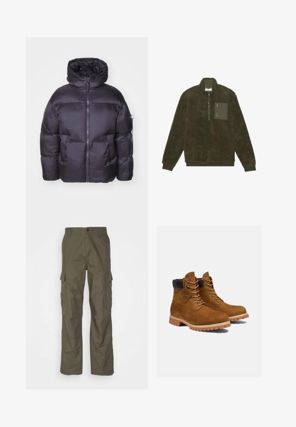 Alpha Industries Zimná bunda - vintage grey; Pier One by Zalando Flísový sveter - dark green; Olivové cargo nohavice s rovnýcm strihom, vyrobené z textúrovanej látky. Obsahujú veľké bočné vrecká a zapínanie na gombík.; Hnedé semišové členkové topánky s polstrovaným čiernym golierom, zlatými očkami a hrubou gumovou podrážkou s dezénom pre lepšiu priľnavosť.
