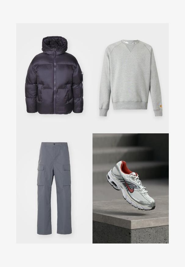 Alpha Industries Zimná bunda - vintage grey; Svetlosivá mikina s okrúhlym výstrihom, dlhými rukávmi, rebrovanými lemami na rukávoch a spodnom leme a malou nášivkou s logom na ľavom rukáve.; Šedé cargo nohavice vyrobené z odolnej tkaniny. Medzi vlastnosti patrí elastický pás, dve veľké bočné vrecká a strih s rovnými nohavicami.; Biely a strieborný bežecký topánka Nike s červenými akcentmi, ktorý visí nad betónovou hranou a ukazuje jeho bočné a podrážkové detaily.