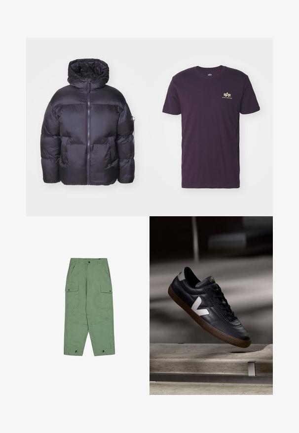 Alpha Industries Zimná bunda - vintage grey; Fialové bavlnené tričko s okrúhlym výstrihom, krátkymi rukávmi a zlatým logom s krídlami na hornej ľavej strane. Jemná textúra, ležérny dizajn.; Zelené cargo nohavice s voľným strihom, dvoma veľkými bočnými vreckami a nastaviteľnými manžetami na členkoch. Vyrobené z texturovanej bavlnenej látky.; Čierne kožené tenisky s bielym logom V, šnurovanie vpredu, perforované detaily a hnedá gumová podošva; štíhly dizajn s minimálnymi akcentmi.
