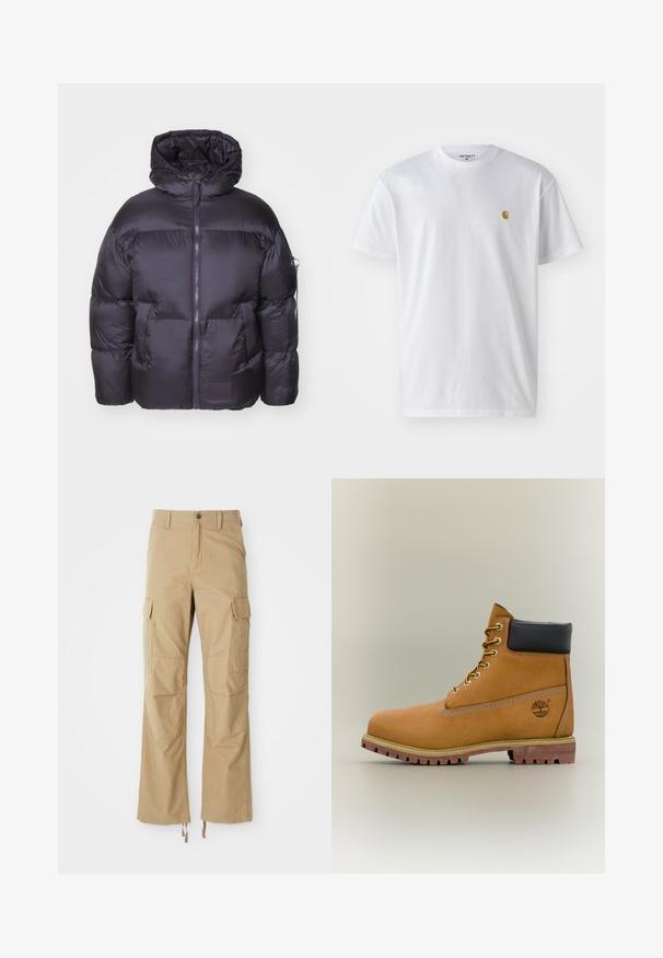 Alpha Industries Vinterjakker - vintage grey; Hvid bomulds t-shirt med korte ærmer, rund hals og et lille guld logo på venstre brystområde. Blød tekstur og almindelig pasform.; Khaki cargo bukser lavet af slidstærkt stof, der har flere sidelommer, en lige ben-design og justerbare snore i kanten.; Brun læderankelstøvle med sort krave, gule snørebånd og tanfarvet sål. Har logo og hvide syninger som detalje. Robust ydersål med greb.