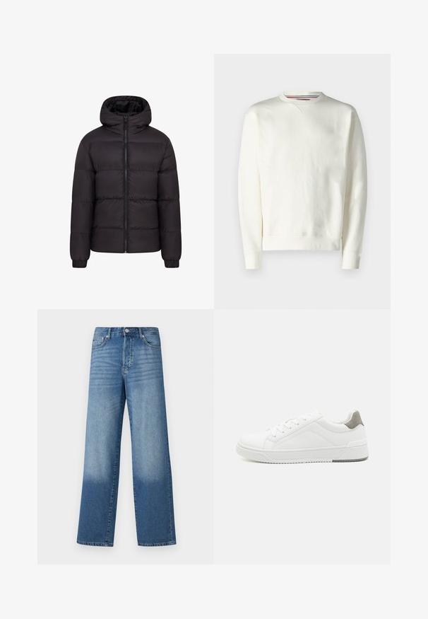 Mustern jacket mustaga kapuutsiga, pehme voodriga, täispikk eeslikk, ja elastsete mansettidega. Sile, läikiv välimus minimaalse riistvara kasutamisega.; Valge dressipluus, millel on ümar kaelus, soonikkoes mansetid ja väike logo detail. Pehme materjal, sujuv tekstuur ja minimalismidisain.; Sinine kõrge vöökohaga sirge lõikega teksapüksid, millel on reitel pleekinud piirkonnad ja tumedamad varjud hemides. Nähtavad eesmine nupp ja taskud.; Valge tenniseking sileda nahaga, ümar varvas, minimalistlik disain, hall kand, ja tekstureeritud kummist tald.