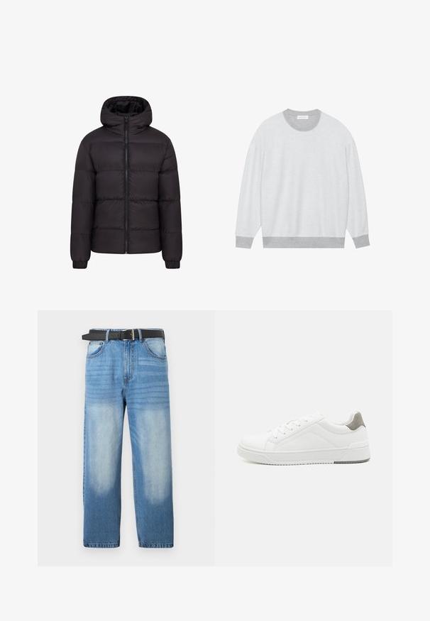 Mustern jacket mustaga kapuutsiga, pehme voodriga, täispikk eeslikk, ja elastsete mansettidega. Sile, läikiv välimus minimaalse riistvara kasutamisega.; Hallhalli ja valge sviiter ümmarguse kaelusega, pikkade varrukatega, ribidega paisutatud mansettidega ja tekstuurse kangaga. Minimalistlik disain, nähtavad logo puuduvad.; Heledad sinine denim püksid sirge säärega, musta vööga, pleekinud täppide ja ülemises osas peene diagonaalse tekstuuriga.; Valge tenniseking sileda nahaga, ümar varvas, minimalistlik disain, hall kand, ja tekstureeritud kummist tald.