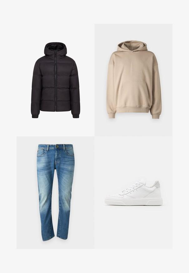 Mustern jacket mustaga kapuutsiga, pehme voodriga, täispikk eeslikk, ja elastsete mansettidega. Sile, läikiv välimus minimaalse riistvara kasutamisega.; Beži kapuutsiga sweatshirt, pehme kude, lahti istuv, kenguru tasku, soonikkoes ja -serv, minimalistik disain, sile tekstuur.; Sinised pleekinud sirged teksapüksid viie tasku, nööbiga kinnitamine ja nähtavad õmblused ees.; Valged nahast spordijalatsid siledast nahast viimistlusega, ümarate varvastega, lamekestega ja tekstuuriga tallaga. Hall suede aktsent kanna juures.