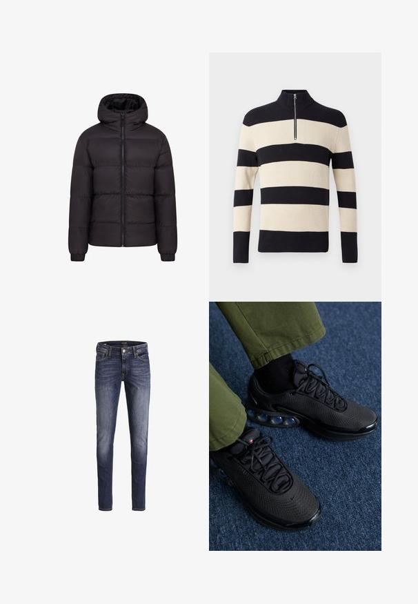 Mustern jacket mustaga kapuutsiga, pehme voodriga, täispikk eeslikk, ja elastsete mansettidega. Sile, läikiv välimus minimaalse riistvara kasutamisega.; Mustro mustar ja beez ribatud kudumiga sviiter pikade varrukatega ja lühikese hõbedase tõmbluku kõrgkaeluse juures.; Tumesinised kitsad teksad, millel on kergelt tuhmuvad reitel ja põlvedel, esitaskud, vööaasad ja nööpkinnitus.; Mustad musta jooksujalatseid võrkkangast pealmise, tekstuurse pinna ja nähtavate õhukotikesega. Sobitatud oliiviroheliste pükstega ja mustade sokkidega.