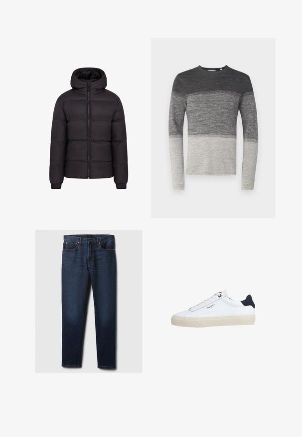 Mustern jacket mustaga kapuutsiga, pehme voodriga, täispikk eeslikk, ja elastsete mansettidega. Sile, läikiv välimus minimaalse riistvara kasutamisega.; Hallide hall-sleeve sviiter, millel on värvibloki disain. Omab kudumise tekstuuri, üleminek tumedalt hallilt heledale hallile altpoolt.; Tumedad sinise kitsasteksitud teksad, millel on veidi kulumist reie esiosas, vasknupud ja klassikaline viie-tasku stiil, laotatud valgele taustale.; Valge madala säärega toss, beežide talladega, valgete paeltega, musta kandetükiga ja külje peal oleva "Pepe Jeans London" logo.