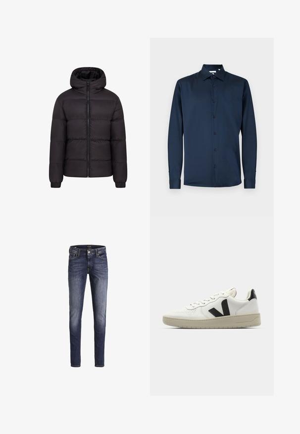 Schwarze Pufferjacke mit Kapuze, gestepptem Design, durchgehendem Reißverschluss und elastischen Bündchen. Glatte, glänzende Oberfläche mit minimalem Zubehör.; Dunkelblaues Langarmhemd aus glattem Stoff, mit klassischem Kragen, durchgehender Knopfleiste und geknöpften Manschetten.; Dunkelblaue Slim-Fit-Jeans mit leichtem Verblassen an Oberschenkeln und Knien, mit vorderen Taschen, Gürtelschlaufen und Knopfverschluss.; Weiße Leder-Sneaker mit schwarzem V-Logo, durchlöcherter Zehenpartie, cremiger Gummisohle, flachen Schnürsenkeln und minimalistischem Design.