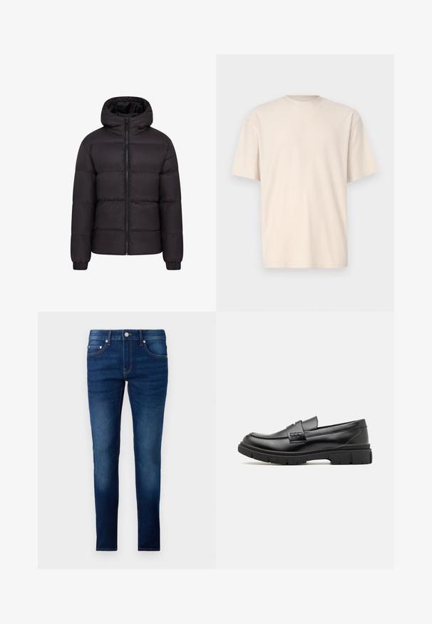 Chaqueta acolchada negra con capucha, diseño acolchado, cremallera frontal completa y puños elásticos. Exterior suave y brillante con hardware mínimo.; Only & Sons ONSFRED RELAXED PLIZZE TEE - Camiseta básica - moonstruck; Jeans azul oscuro de corte slim, fabricados en denim. Presentan cinco bolsillos, cierre de botón y un ligero desgastado a lo largo de las piernas.; Mocasin de cuero negro con una cinta ancha en el empeine, suela de goma con tacos gruesos y textura suave. Diseño clásico y elegante.