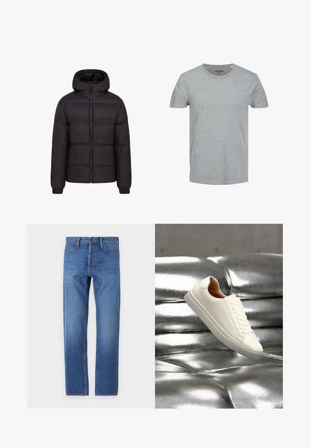 Mustern jacket mustaga kapuutsiga, pehme voodriga, täispikk eeslikk, ja elastsete mansettidega. Sile, läikiv välimus minimaalse riistvara kasutamisega.; Halli lühikeste varrukatega t-särk, mis on valmistatud pehmest puuvillast. Omab klassikalist ümarat kaelust ja regulaarset lõiget. Lihtne disain, ilma mustrite või aktsentideta.; Sinine denimpaaridega sirge jalaga lõige, klassikaline viie taskuga disain, vaskne niit ja kulunud välimuse saavutamiseks nõrgestatud pesu.; Valge madala säärega toss hõljuv läikiva hõbedase tuftitud nahkpinna kohal.