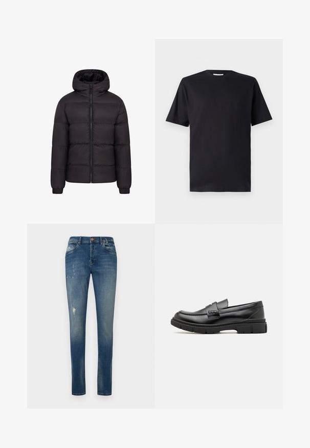Mustern jacket mustaga kapuutsiga, pehme voodriga, täispikk eeslikk, ja elastsete mansettidega. Sile, läikiv välimus minimaalse riistvara kasutamisega.; Mustmust riietega must T-särk, lühikeste varrukatega, valmistatud puuvillast, klassikalise lõikega, ümarate kraega, ilma mustrite või nähtava brändita.; Kitsa lõikega sinised teksad, mis on valmistatud denimist, omavad kulunud viimistlust, peent kulumist reie piirkonnas ning klassikalist viie tasku disaini.; Musthave nahkast suss, millel on lai rihm üle vöö, kummitald paksude mustritega ning sile tekstuur. Klassikaline, elegantne disain.