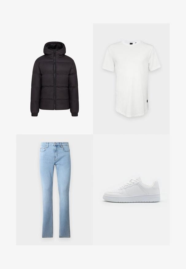 Mustern jacket mustaga kapuutsiga, pehme voodriga, täispikk eeslikk, ja elastsete mansettidega. Sile, läikiv välimus minimaalse riistvara kasutamisega.; Valge lühikeste varrukatega T-särk, mis on valmistatud puuvillast, ümmarguse kaelusega ja veidi pikema seljaga, küljes väike logo aktsent.; Heledsinine denimpüksid flared lõikega, keskmise tõusuga vöökoht, viie taskuga ja kontrastsete õmblustega. Sile tekstuur klassikalise istuvusega.; Valged tossud, mis on valmistatud sileda sünteetilise materjali, lamekinnastega, perforatsiooniotstega ja kummiseguste tallaga, millel on tekstuuriline haarde muster.