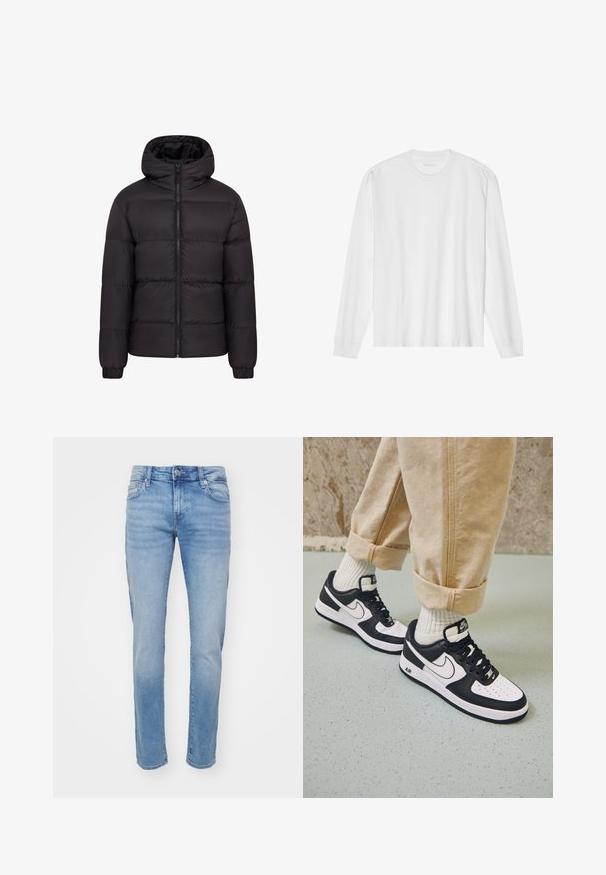 Schwarze Pufferjacke mit Kapuze, gestepptem Design, durchgehendem Reißverschluss und elastischen Bündchen. Glatte, glänzende Oberfläche mit minimalem Zubehör.; Weißes langärmeliges Baumwoll-T-Shirt mit Rundhalsausschnitt, mit gerippten Bündchen und geradem Saum, glatter Textur und minimalistischem Design.; Hellblau gefärbte Denim-Jeans mit geradem BeinDesign, subtilen Verwaschungen, fünf Taschen und einem Knopfverschluss am Bund.; Schwarz-weiße Nike Air Force 1 Sneaker mit einem Obermaterial aus Leder, perforierter Zehenpartie und strukturiertem Sohlendesign, getragen mit aufgerollten beigen Hosen und weißen Socken.