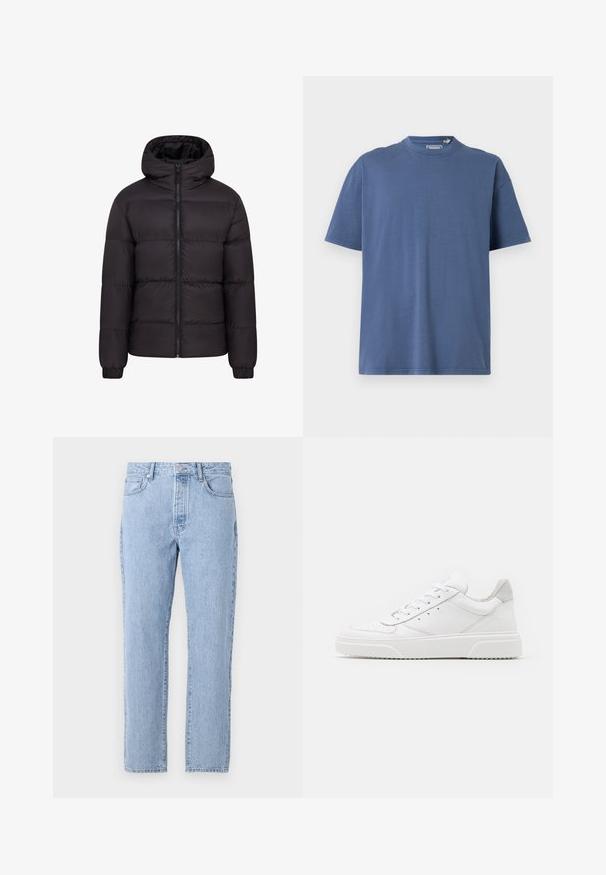 Sort puffjakke med hætte, quiltet design, lynlås foran og elastiske manchetter. Glat, blank overflade med minimal hardware.; Blå kortærmet T-shirt lavet af blødt bomuld, med rund halsudskæring og en afslappet pasform, samt minimale syninger.; Lysblå denim jeans med lige ben-design, fem lommer og knaplukning. Blød tekstur med en klassisk falmet finish.; Hvide lædersneakers med en glat finish, rund tå, flade snørebånd og en struktureret sål. Grå ruskindsdetalje ved hælen.
