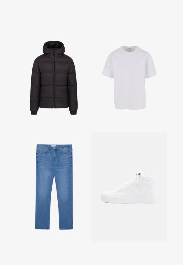 Mustern jacket mustaga kapuutsiga, pehme voodriga, täispikk eeslikk, ja elastsete mansettidega. Sile, läikiv välimus minimaalse riistvara kasutamisega.; Valgest lühikese varrukaga T-särgist, mis on valmistatud pehmest puuvillast, ümar kaelus ja lõdvestatud istuvus sirge äärisega. Muster või aktsente pole nähtaval.; Heledad sinised teksad sirge jala lõikega, viie tasku disainiga, kerge tuhmumisega ning metalsete detailide aktsentidega vööl ja taskutel.; Valged kõrge tossud, mis on valmistatud siledast sünteetilisest materjalist. Omavad külgedel lukku, ümmargust kaldumist ja tekstureeritud kummist tallat.