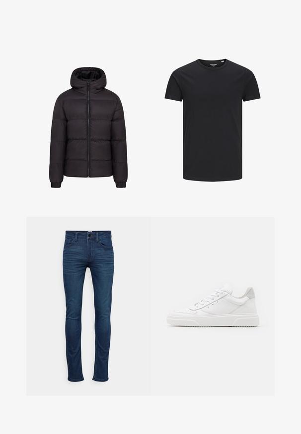 Mustern jacket mustaga kapuutsiga, pehme voodriga, täispikk eeslikk, ja elastsete mansettidega. Sile, läikiv välimus minimaalse riistvara kasutamisega.; Must must tarea mustava ümberkaudne, lühikeste varrukatega ja lihtsa disainiga. Sile tekstuur, ilma mustriteta või nähtavate metallosadeta.; Tumedad sinised kitsad teksad, mis on valmistatud denimist, klassikalise viie taskuga disainiga, ees nuppe kinnitamiseks ja kerge tuhmumisega reite piirkonnas.; Valged nahast spordijalatsid siledast nahast viimistlusega, ümarate varvastega, lamekestega ja tekstuuriga tallaga. Hall suede aktsent kanna juures.