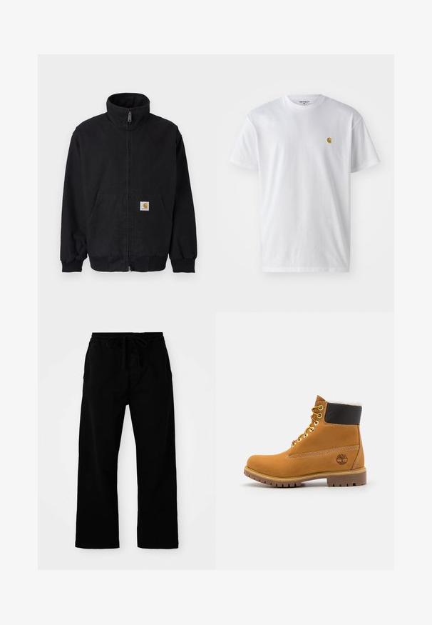 Veste noire zippée avec col montant, poignets et ourlet côtelés, dotée d'une poche avant et d'un petit patch logo sur le côté gauche.; T-shirt en coton blanc à manches courtes, col rond, avec un petit logo doré sur la poitrine gauche. Texture douce et coupe régulière.; Pantalons noirs à taille élastique avec cordon de serrage réglable, jambes larges et texture en coton lisse. Pas de motifs ni de détails matériels visibles.; Bottine en cuir brun avec œillets en métal, doublure en fourrure blanche, col rembourré noir, semelle robuste et logo en relief sur le côté.