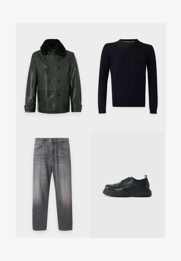 Veste en cuir noire croisée avec une finition texturée et un col en fourrure noire douce. Comprend des poches latérales et des fermetures à boutons.; Pull noir à manches longues et col rond avec une broderie subtile du logo sur la poitrine et le nom de la marque visible à l’intérieur du col.; Jean en denim gris avec une coupe droite, un effet délavé, cinq poches, fermeture par boutons et détails métalliques.; Chaussure en cuir noir avec lacets, semelle épaisse et languette au talon, vue de côté sur fond clair uni.