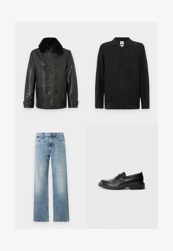 Veste en cuir noire croisée avec une finition texturée et un col en fourrure noire douce. Comprend des poches latérales et des fermetures à boutons.; Chemise noire à manches longues en tissu léger, dotée d'un col cranté, de boutons sur le devant et de deux poches poitrine.; Jean droit en denim bleu clair avec taille haute, cinq poches, fermeture à boutons et léger délavage sur les cuisses et les genoux.; Chaussure habillée noire en cuir, à enfiler, avec un petit talon et un logo Calvin Klein discret sur le côté, présentée de profil sur un fond blanc.