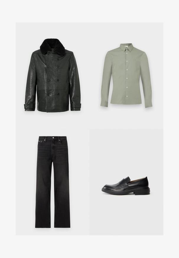 Veste en cuir noire croisée avec une finition texturée et un col en fourrure noire douce. Comprend des poches latérales et des fermetures à boutons.; Chemise à manches longues vert clair avec col boutonné et boutons blancs, présentée sur un fond blanc uni.; Jean noir droit avec cinq poches, passants pour ceinture et fermeture par bouton, présenté sur un fond blanc.; Chaussure habillée noire en cuir, à enfiler, avec un petit talon et un logo Calvin Klein discret sur le côté, présentée de profil sur un fond blanc.