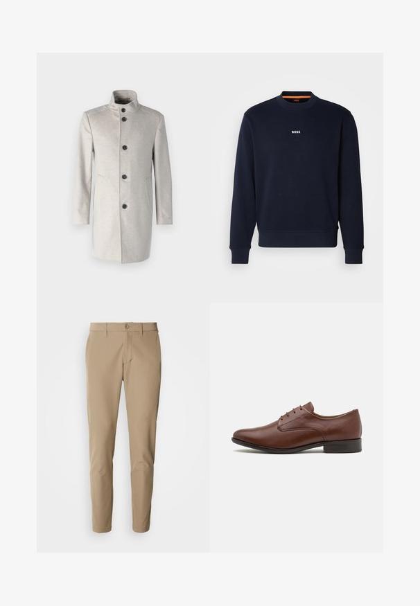 Lichtgrijze jas met een hoge kraag, voorzien van vijf zwarte knopen, zijzakken en een rechte snit in een zachte stof.; Navyblauwe sweatshirt van zacht materiaal, met een ronde halslijn en geribde manchetten, met het woord "BOSS" in het wit gedrukt op de borst.; Beige broek van gladde stof met een rechte snit, voorzien van een knoopsluiting en voorzakken, en inclusief riemlussen.; Bruine leren geklede schoen met een gladde afwerking, voorzien van een ronde neus, vijf veterschoenen oogjes en een lage hak voor stabiliteit.