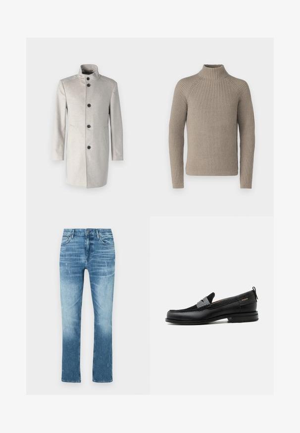 Lys grå frakke med høj krave, prydet med fem sorte knapper, sidelommer og en lige skæring i et blødt stof.; Beige ribbet turtleneck sweater med lange ærmer, som har en tætsiddende silhuet og struktureret strikkemønster. Lavet af et blødt materiale.; Lysblå lige ben jeans lavet af denim, med en falmet finish, subtil slid og traditionelt fem-lomme design.; Sort læderloafer med grå remdetalje, lav hæl og tekstureret sål, mærket med "HUGO" i guld på siden.