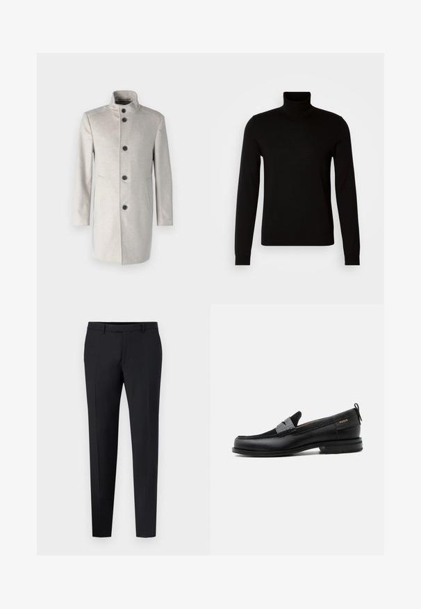 Lys grå frakke med høj krave, prydet med fem sorte knapper, sidelommer og en lige skæring i et blødt stof.; Sort turtleneck sweater lavet af et fint strikket stof, der har lange ærmer og en tætsiddende silhuet. Glat tekstur med ribbede manchetter.; Sorte skræddersyede bukser med slim fit, der har flad front, bæltestropper og ingen synlige mønstre eller detaljer. Glat tekstur.; Sort læderloafer med grå remdetalje, lav hæl og tekstureret sål, mærket med "HUGO" i guld på siden.