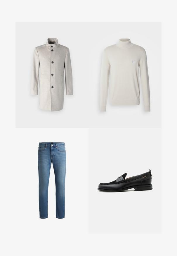 Manteau gris clair avec un col haut, comportant cinq boutons noirs, des poches latérales et une coupe droite dans un tissu doux.; Pull à col roulé beige clair en tricot doux, avec des manches longues et un petit patch en forme de carré sur la poitrine.; Jean en denim bleu clair à coupe régulière, avec une texture lisse, un design à cinq poches et une fermeture à glissière avec bouton.; Mocassin en cuir noir avec détail de bride grise, talon bas et semelle texturée, marqué "HUGO" en or sur le côté.