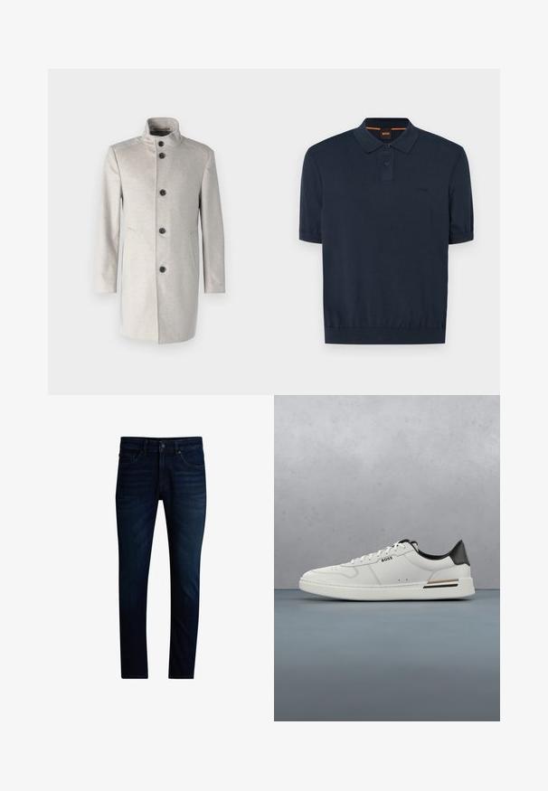 Lichtgrijze jas met een hoge kraag, voorzien van vijf zwarte knopen, zijzakken en een rechte snit in een zachte stof.; Navyblauwe poloshirt met korte mouwen, gemaakt van een katoenen mix. Heeft een twee-knopen sluiting en een geborduurd logo op de borst.; Donkerblauwe slimfit jeans met een knoop- en ritsluiting aan de voorkant, vijfzakkenmodel en lichte vervaging op de dijen.; Witte lage sneaker met zwarte hiel, vetersluiting, subtiele perforaties en het "BOSS" logo aan de zijkant, getoond vanuit het zijprofiel.