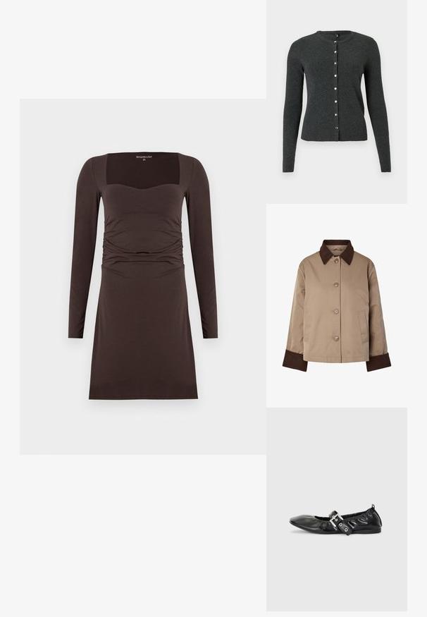 Beige jakke med mørkebrun krave og manchetter, knapper foran og to sidelommer, vist på hvid baggrund.; Mørk grå cardigan lavet af blødt strikket stof, med lange ærmer og rund halsudskæring, samt sølvknapper ned ad fronten.; Brun, langærmet kjole med firkantet uddybning og indsamlet detaljering i taljen. Glat tekstur, knælængde og tætsiddende design.; Sorte læder flade sko med spids tå, samling detaljer omkring åbningen, og en sølv spænde accent på den justerbare rem.