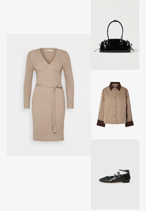 Beige jas met donkerbruine kraag en manchetten, knopen aan de voorkant en twee zijzakken, afgebeeld op een witte achtergrond.; Beige geribbelde tricot wikkeljurk met lange mouwen, V-hals en een striktaille. Soepele textuur, aansluitende pasvorm, middellange zoom.; ALDO NELTA - Ballerina's - black; Kleine zwarte glanzende handtas met twee lange hengsels en zijkant trekkoord details op een effen lichte achtergrond.