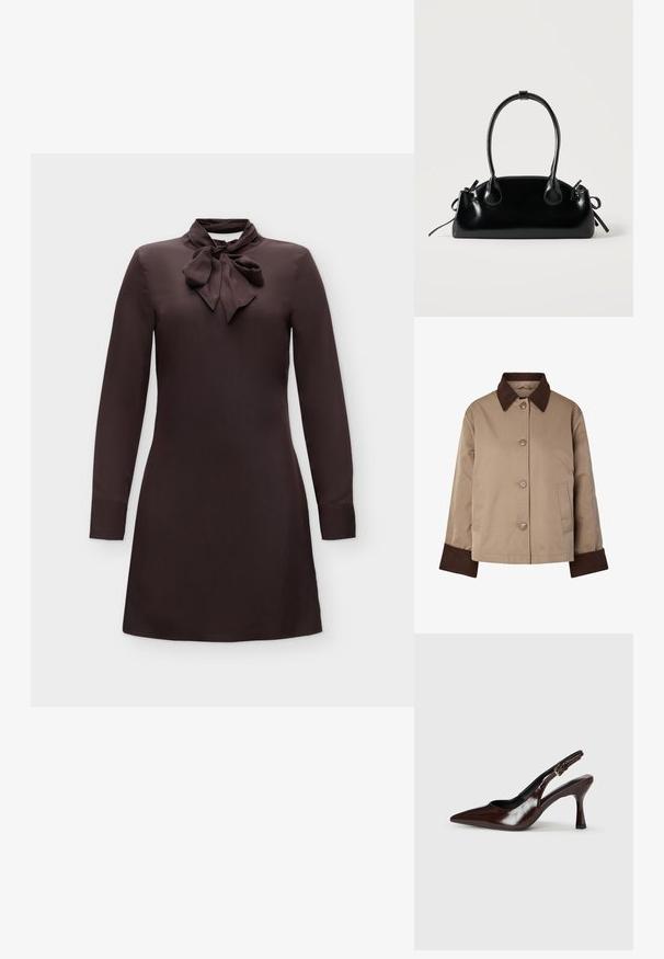 Veste beige avec col et poignets marron foncé, boutons à l'avant et deux poches latérales, présentée sur fond blanc.; Robe marron foncé à manches longues avec un col noué en nœud papillon et une silhouette droite et simple sur un fond uni.; Talons slingback en cuir verni brun avec un bout pointu, un talon fin, et une sangle réglable avec une petite boucle.; Petit sac à main noir brillant avec deux longues anses et des détails à cordon sur les côtés sur un fond clair uni.
