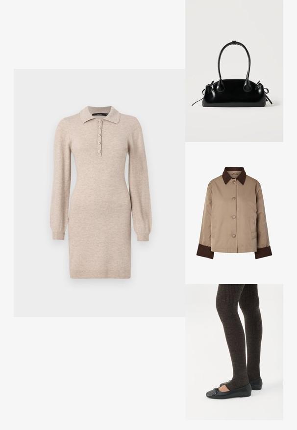 Beige jas met donkerbruine kraag en manchetten, knopen aan de voorkant en twee zijzakken, afgebeeld op een witte achtergrond.; Beige gebreide jurk met een kraag, vijf knopen sluiting en lange mouwen met geribbelde manchetten. Soepele textuur, nauwsluitende silhoeët.; Benen met donkere geribbelde leggings gecombineerd met zwarte ballerina's met kleine strikdetails op een witte achtergrond.; Kleine zwarte glanzende handtas met twee lange hengsels en zijkant trekkoord details op een effen lichte achtergrond.