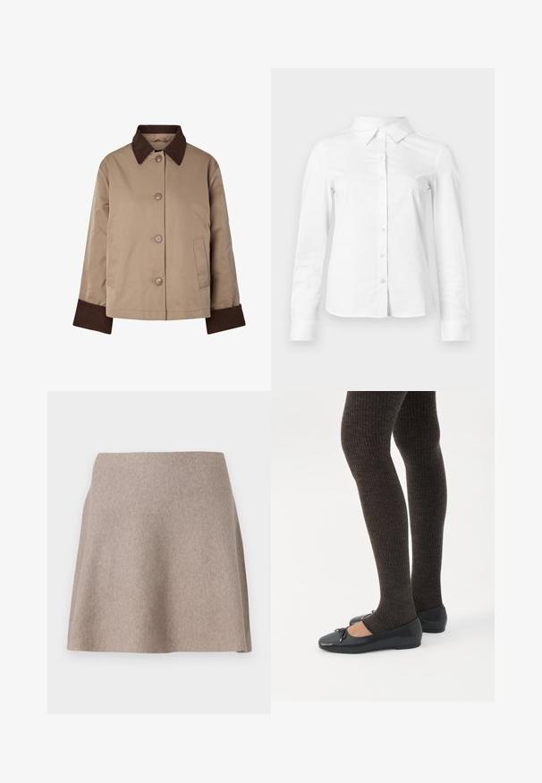 Chaqueta beige con cuello y puños marrón oscuro, botones delanteros y dos bolsillos laterales, mostrada sobre un fondo blanco.; Camisa blanca de manga larga con botones, cuello puntiagudo, bajo recto y silueta ajustada, presentada sobre un fondo claro y liso.; Una falda beige de corte acampanado, hecha de una tela suave con una textura lisa y un dobladillo limpio. Diseño sencillo sin patrones o adornos visibles.; Piernas con leggings oscuros acanalados combinados con bailarinas negras que presentan pequeños detalles de lazo sobre un fondo blanco.