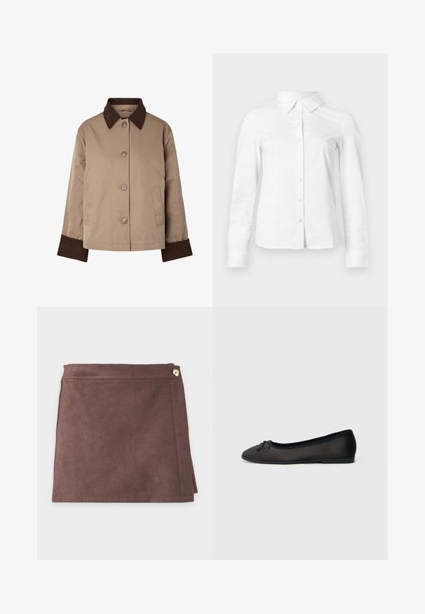 Beige jas met donkerbruine kraag en manchetten, knopen aan de voorkant en twee zijzakken, afgebeeld op een witte achtergrond.; Witte blouse met lange mouwen en knopen, met puntige kraag, rechte zoom en aansluitende silhouet, weergegeven op een effen lichte achtergrond.; Bruine suède minirok met een zijknop en subtiele stikdetails op een effen lichte achtergrond.; Zwarte ballerina's met een gladde matte afwerking, ronde neus en een decoratieve strik aan de voorkant. Voorzien van een lage, platte hak.