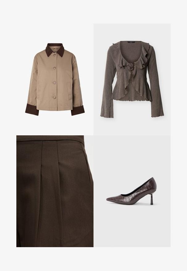 Beige Jacke mit dunkelbraunem Kragen und Manschetten, Vorderknöpfen und zwei Seitentaschen, auf weißem Hintergrund dargestellt.; Brauner, strukturierter Langarm-Cardigan mit gerafftem Kragen, vorderer Bindeschleife und welligen Kanten an Ärmeln und Saum.; Dunkelbraunes maßgeschneidertes Kleidungsstück mit vertikalem Falten-Detail auf glatter Stoffoberfläche.; Braune Pumps mit spitz zulaufender Spitze aus Kunstleder in Krokodiloptik, mit schlankem, eckigem Absatz und glatter Innenfütterung.