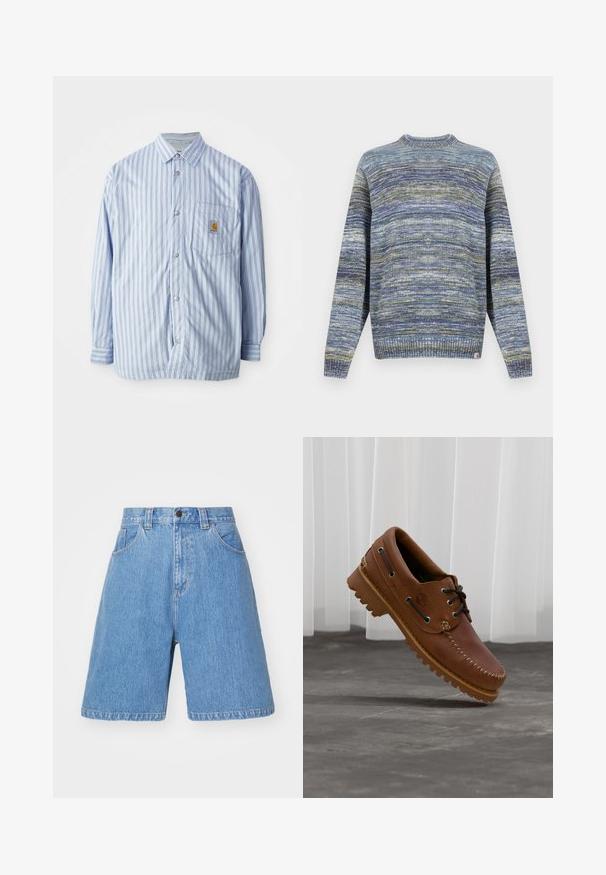 Stribet skjorte i lyseblå og hvid med røde accenter. Har en brystlomme og lange ærmer. Fremstillet af et glat materiale.; Strikket sweater i blå og grønne nuancer. Rund halsudskæring, ribbede manchetter og kant. Tekstureret mønster med varierende nuancer og en logomærkat på kanten.; Lyseblå denim shorts med løs pasform, høj talje, fem lommer og subtil falmning. Med knaplukning og bæltestropper.; Brun læder bådsko med sorte snørebånd, beige syninger og en robust sål, hængende over en grå betongulv.