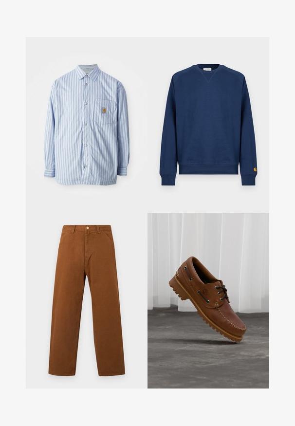 Gestreiftes Hemd in Hellblau und Weiß mit roten Akzenten. Verfügt über eine Brusttasche und lange Ärmel. Hergestellt aus einem glatten Stoff.; Marineblauer Pullover mit Rundhalsausschnitt, gerippten Bündchen und Saum. Mit einem kleinen Logoaufnäher am linken Ärmel. Aus weichem Stoff gefertigt.; Braune gerade geschnittene Hose mit Gürtelschlaufen, Vorderentaschen und Knopfverschluss am Bund, dargestellt vor einfachem Hintergrund.; Brauner Leder-Bootsschuh mit schwarzen Schnürsenkeln, beigen Nähten und einer robusten Sohle, schwebt über einem grauen Betonboden.