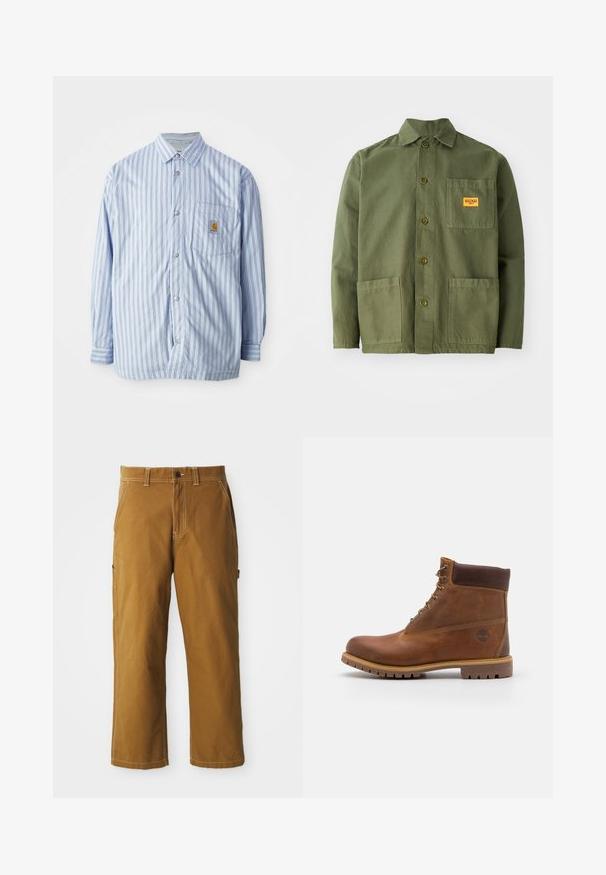 Gestreept button-up shirt in lichtblauw en wit met rode accenten. Heeft een borstzak en lange mouwen. Gemaakt van een soepele stof.; Olijfgroen jack gemaakt van zware katoen, met een puntige kraag, knopen aan de voorkant en twee grote opgestikte zakken. Inclusief een klein logo-opdruk.; Bruine katoenen broek met een rechte snit, versterkte stiksels en zijzakken. Beschikt over een knoopsluiting en riemlussen in de taille.; Bruine leren wandelschoen met een gladde afwerking, gevoerde enkel, metalen oogjes en een rubberen zool met een robuust profiel.